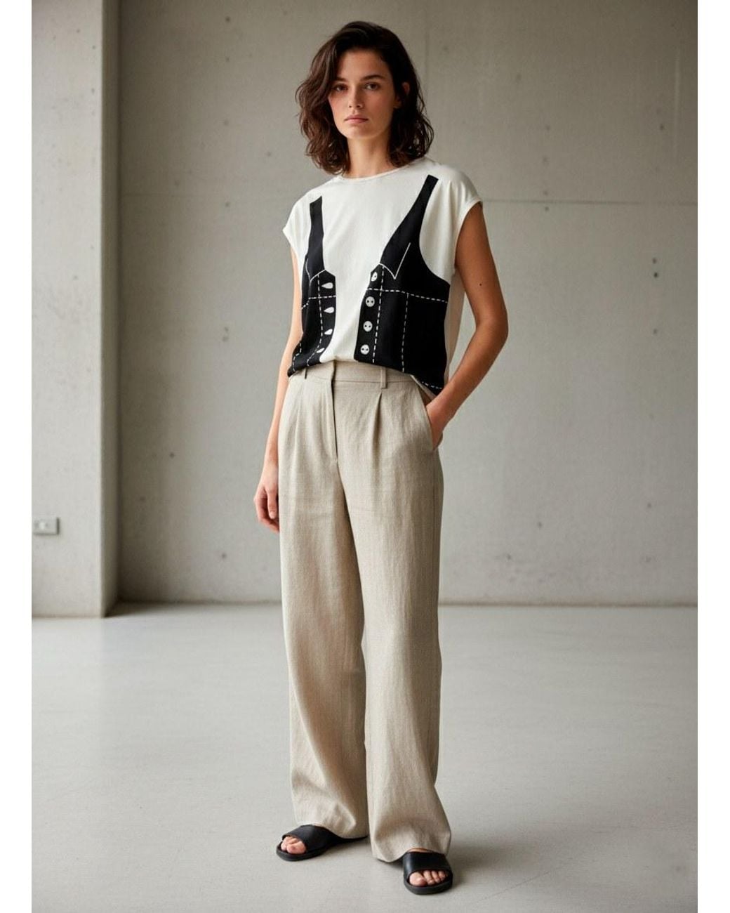 Conquista Black Modern Graphic Print Top With Vest Illusion Design