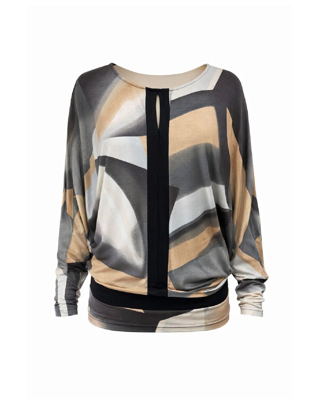 Conquista Black Abstract Print Long-Sleeve Top With Contrast Panel Detail
