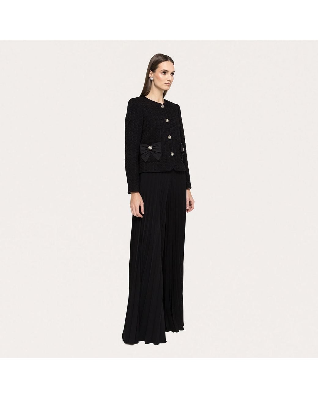 Nissa Black Bow-Detail Boucle Suit Jacket