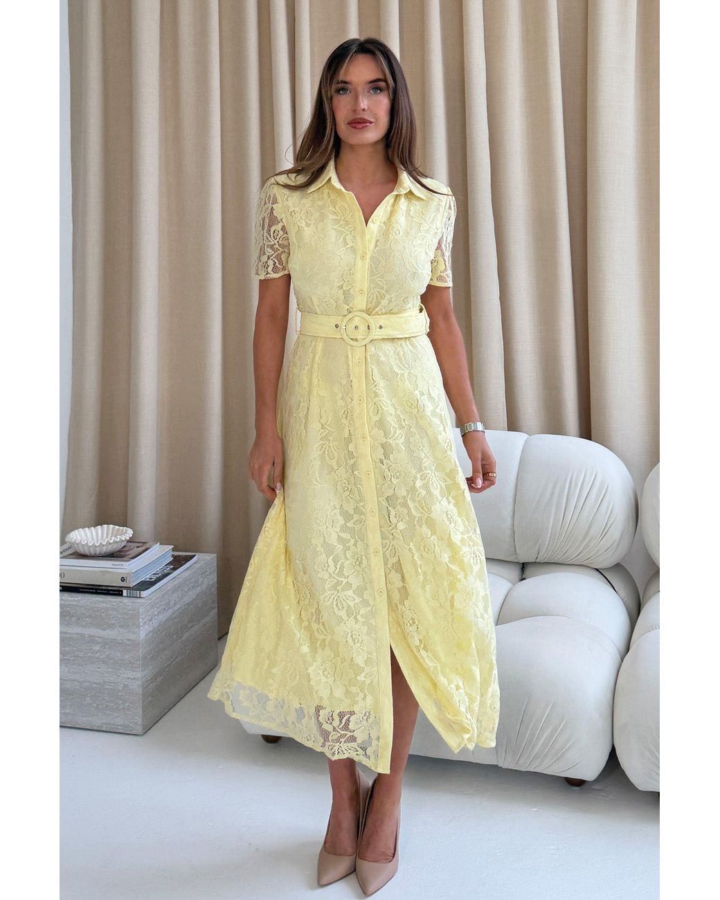 Girl In Mind Yellow Tansy Short Sleeve Lace Shirt Dress