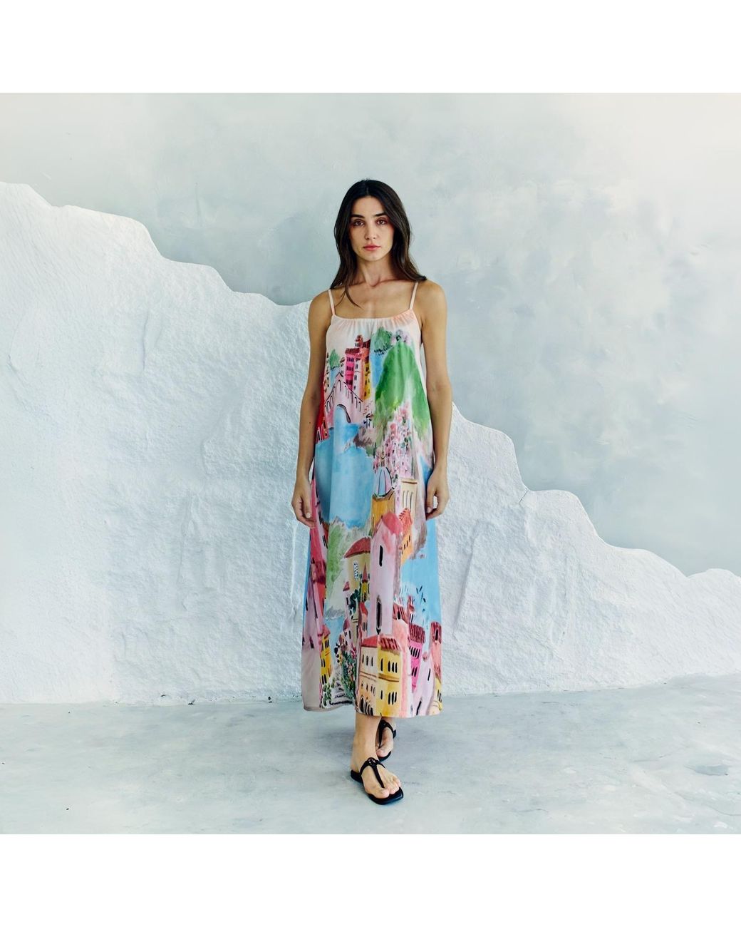 DHARA SHETH DUBAI White La Riviera Printed Spaghetti Strap Maxi Dress