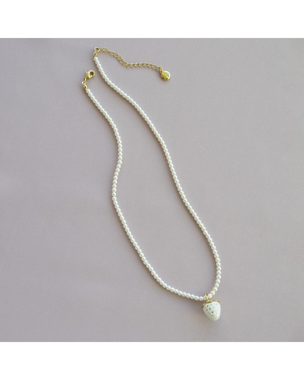 POPORCELAIN Metallic Mini Porcelain Strawberry Swarovski Pearl Necklace
