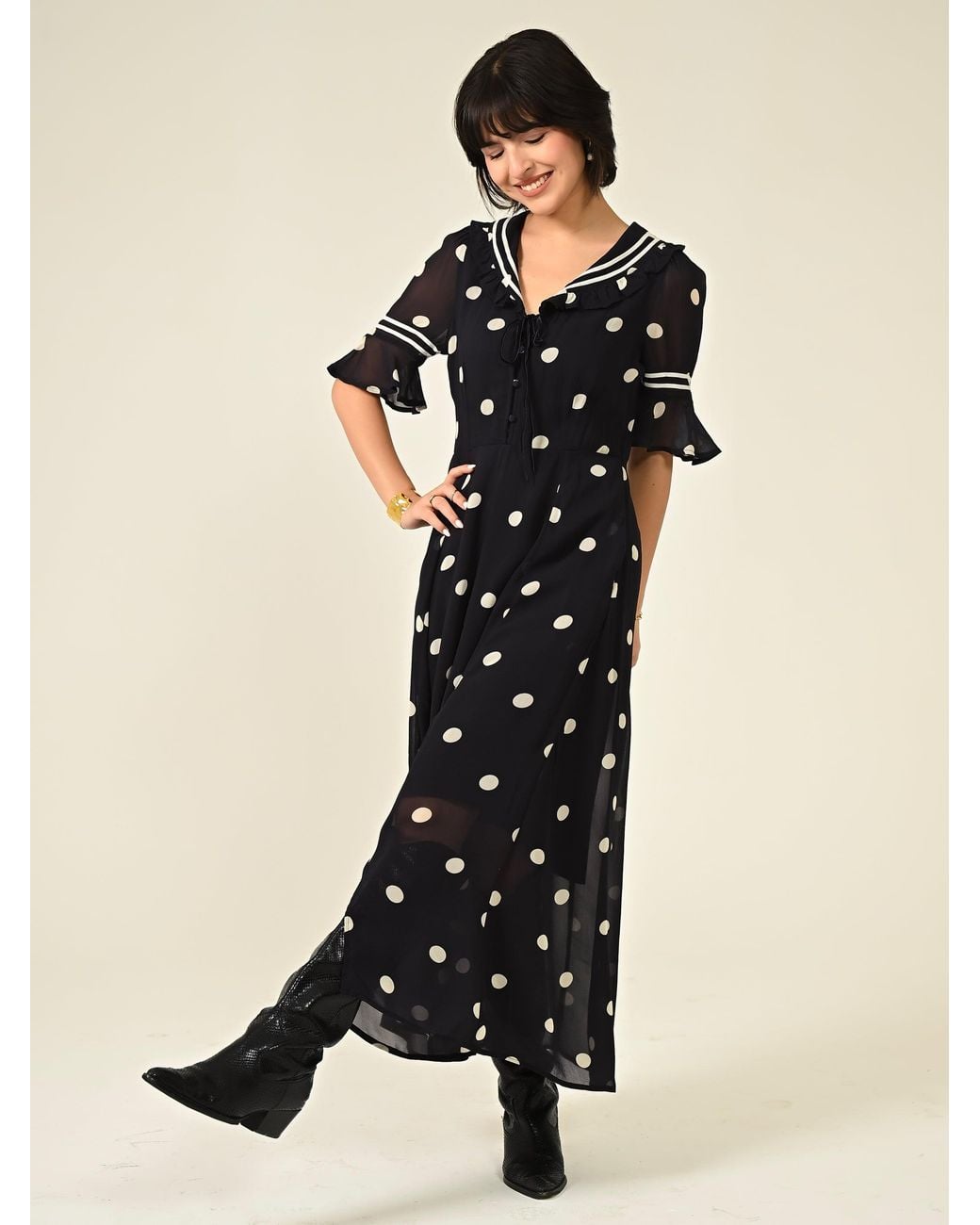 Rose & Nancy Black Audrey Polka Print Collar Detail Maxi Dress