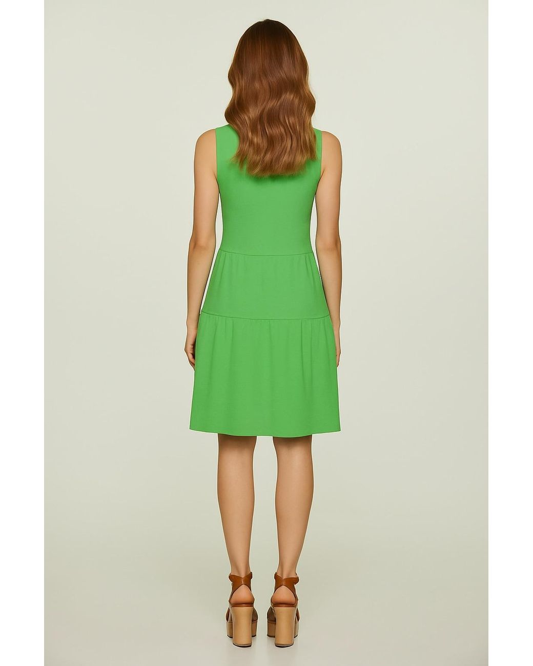 Conquista Green Sleeveless V-Neck Jersey Dress – Loose Fit, Knee-Length
