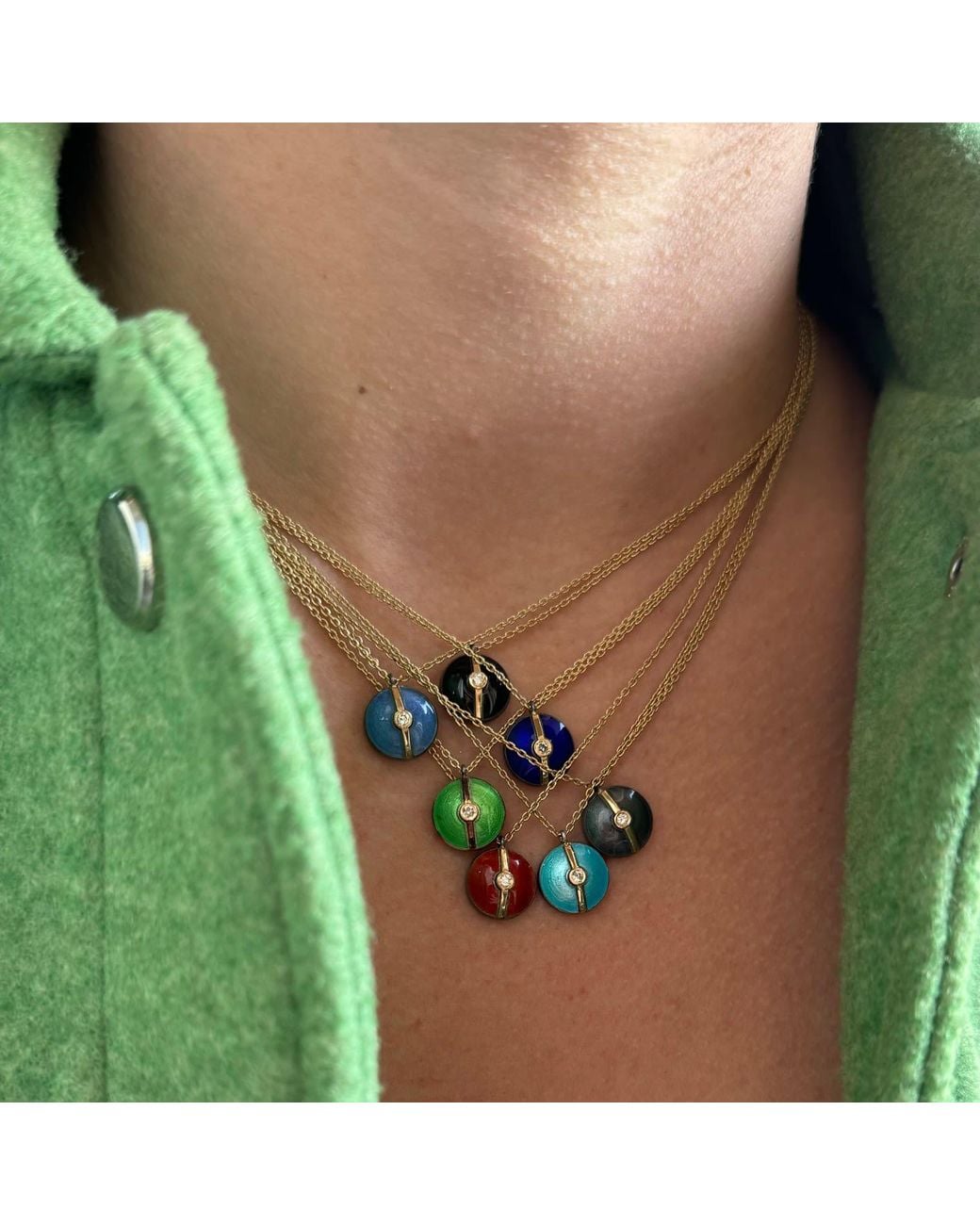 Ecce | Artisan Diamonds White Enamelled Mini Diamond Buttons 14K Solid Necklace
