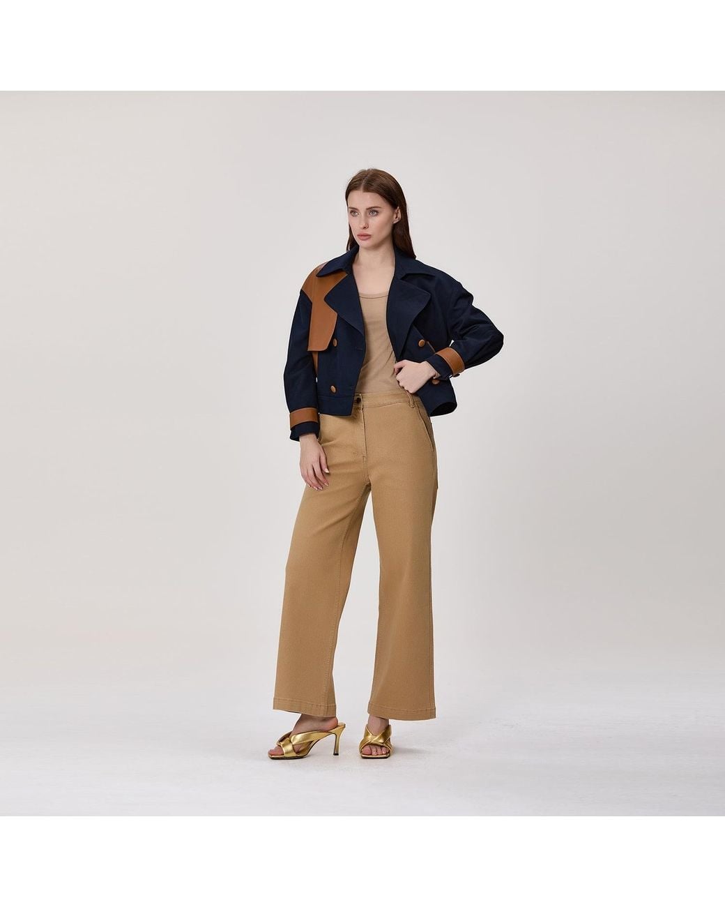 Smart and Joy Blue Short Double-Breasted Trench Coat With Contrasting Panels