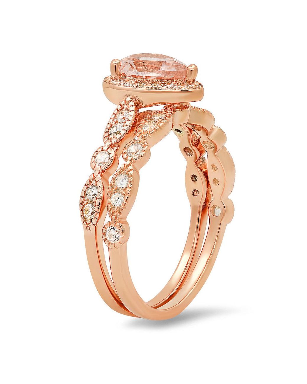 Kylie Harper Pink Pear Cut Morganite Halo Stackable Ring Set