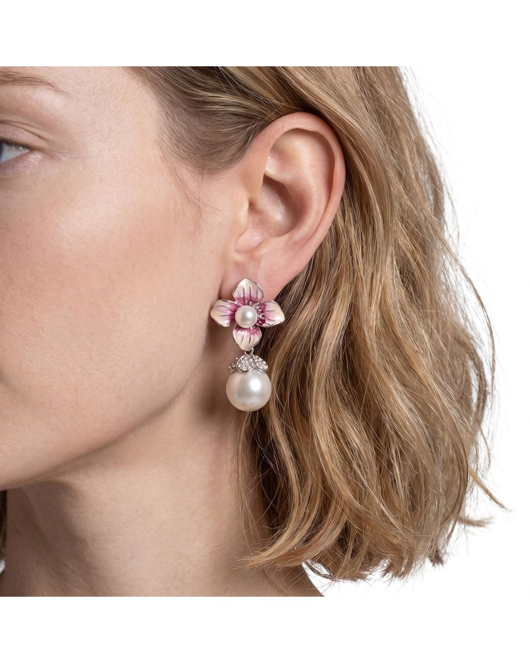 Modenaire Pink Floral Pearl Statement Necklace Earrings Set