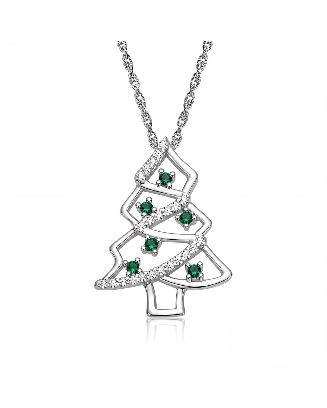 Genevive Jewelry White Plated With Emerald & Clear Cubic Zirconia Christmas Tree Design Pendant Necklace