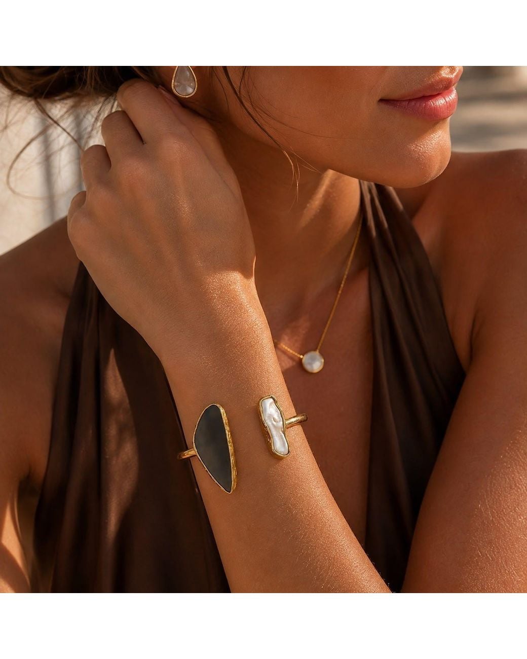 By Ozge Metallic Neutrals Moon & Shadow Plated Cuff Bracelet