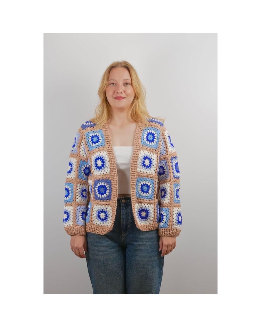 Ana Chic Blue Sunburst Granny Square Handmade Crochet Cardigan