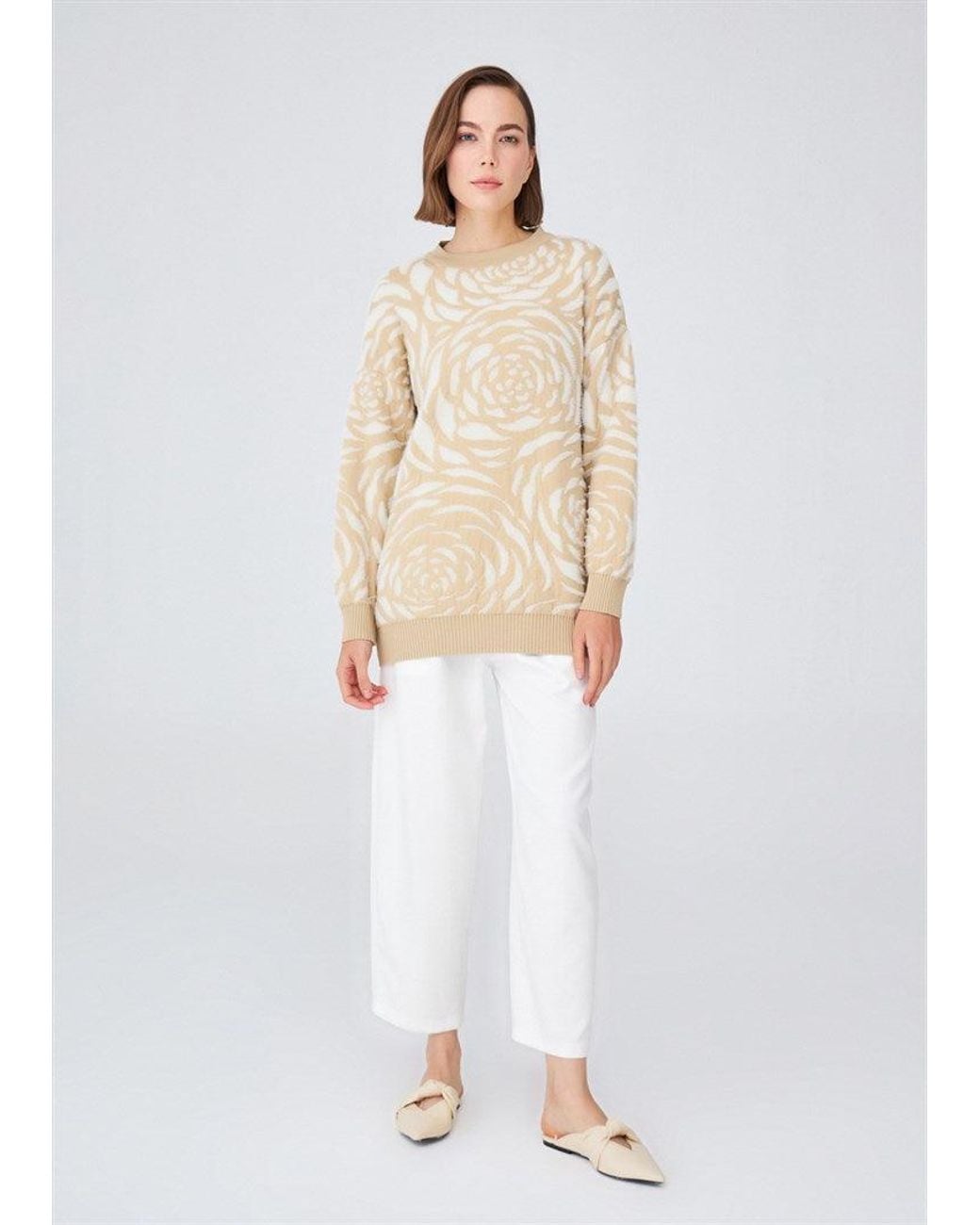 Peraluna Natural Rose Patterned Knitwear Fluffy Crew Neck Sweater