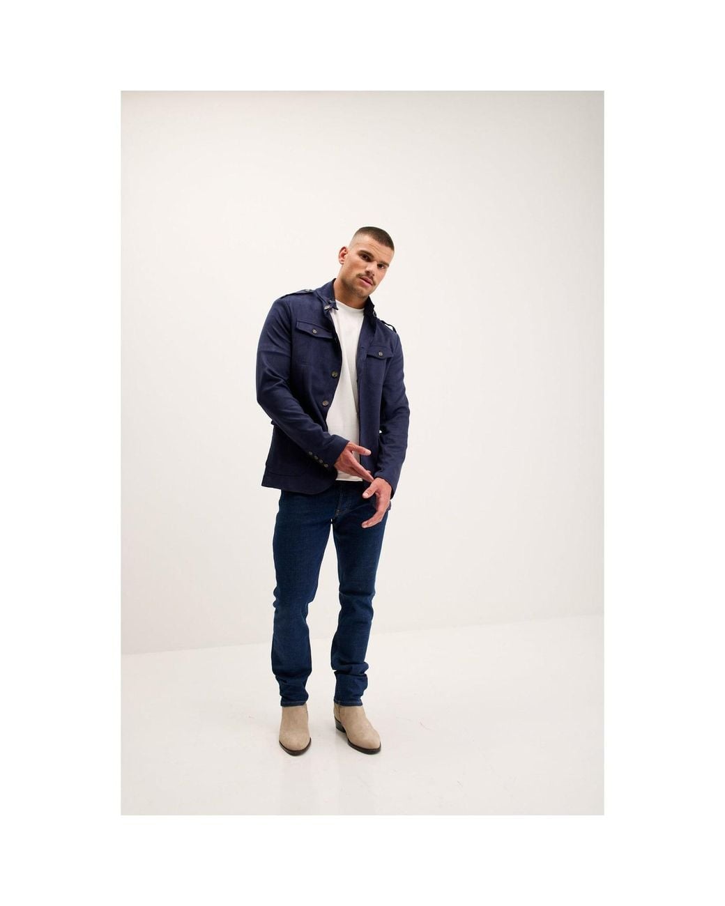 Ron Tomson Blue Microsuede Lightweight Safari Jacket for men