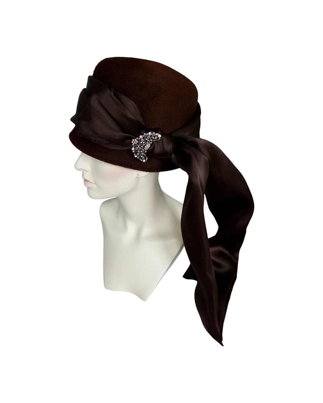 Romer Millinery Black Belle Cloche Vintage Felt With Organza Tie & Vintage Pin One Of A Kind