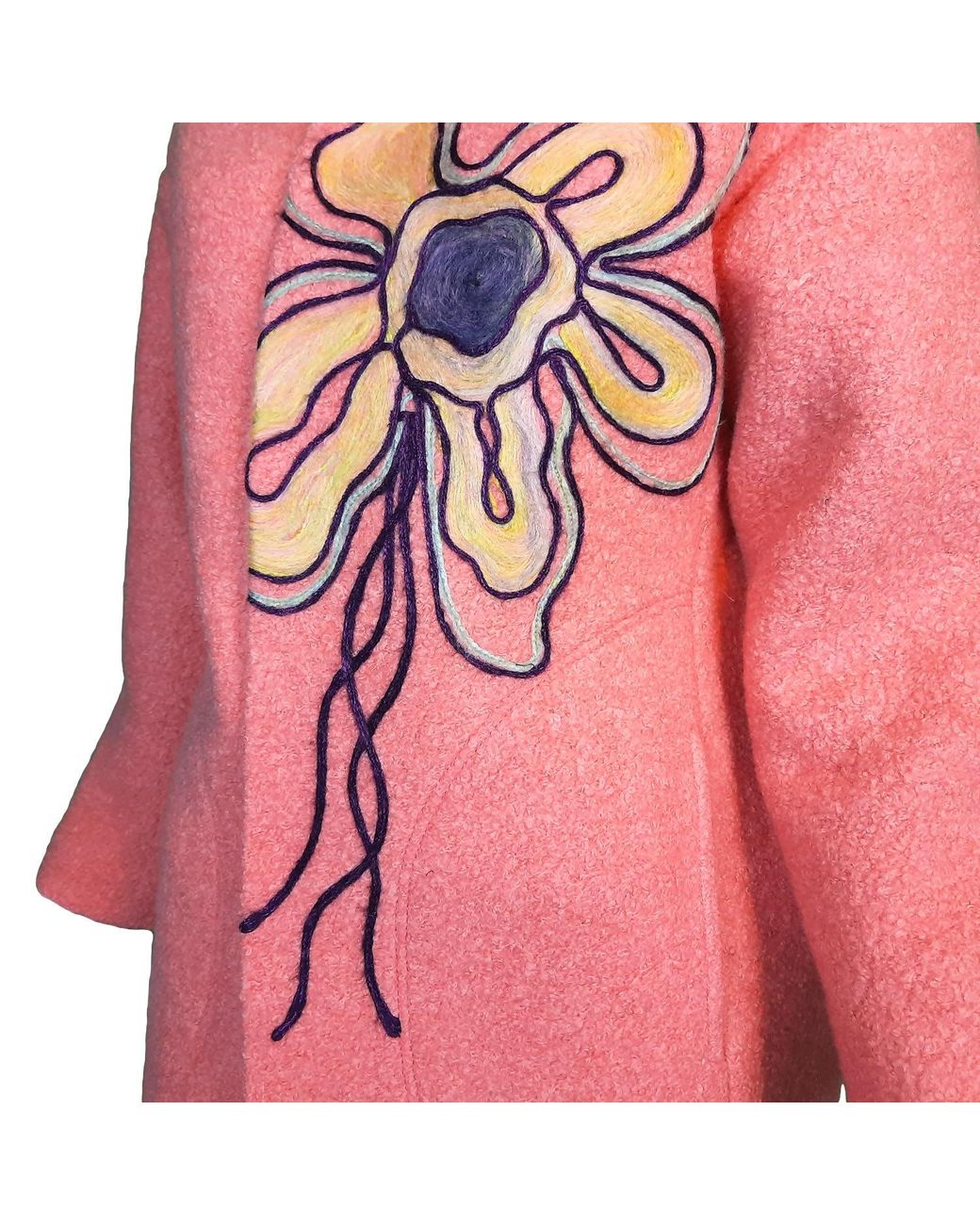 Lalipop Design Pink Wool Blend Coat With Flower Embroidery