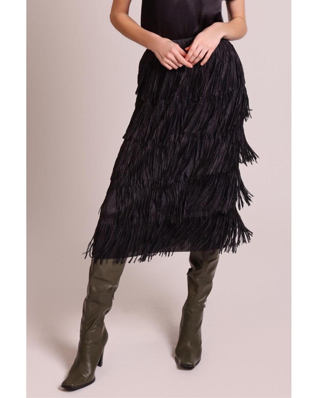 Traffic People Black Anything Goes Fringed Tiered Gloria Midi Skirt