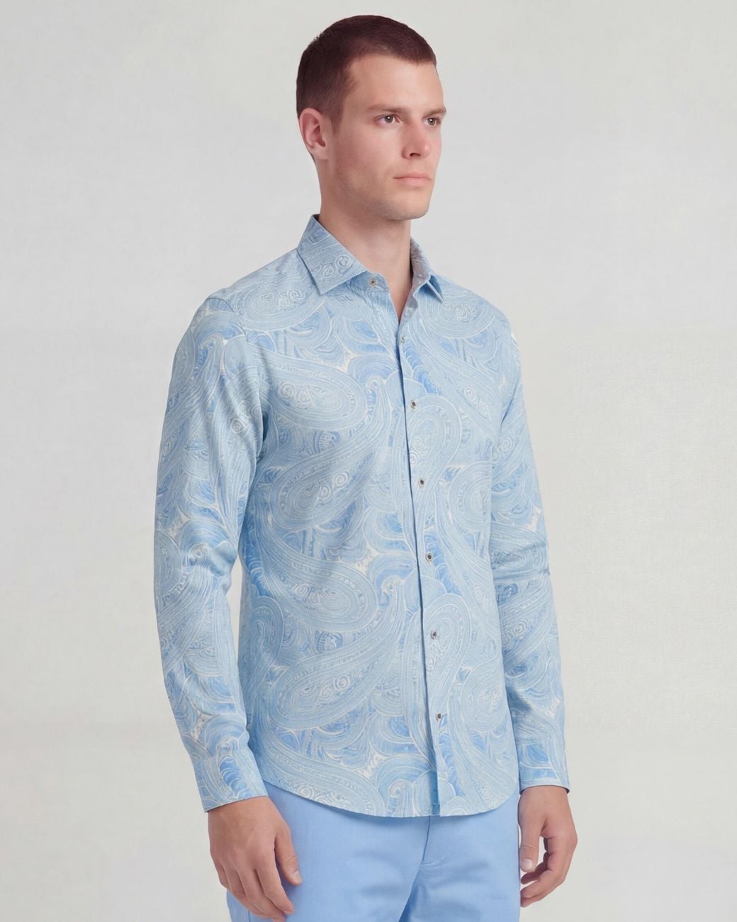 Lords of Harlech Blue Laurent Marakesh Paisley Linen Printed Shirt for men
