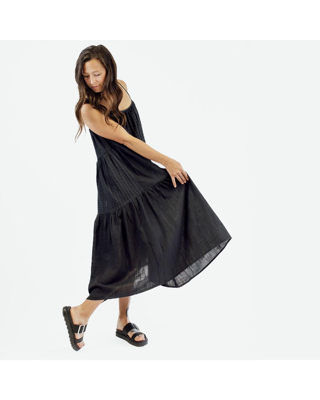 Zenzee Black Cotton Linen Tiered Patchwork Slip Dress