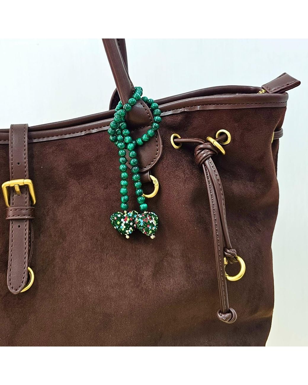 Farra Green Malachite With Rhinestone Heart Open-Ended Versatile Bag Charm