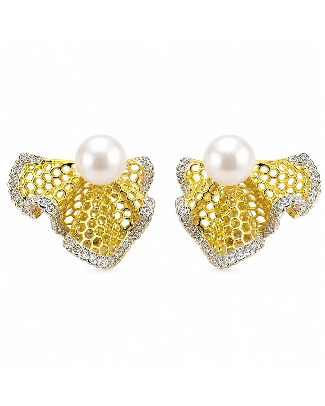 Angel Barocco Metallic Freshwater Pearl Filigree Fan Stud Earrings