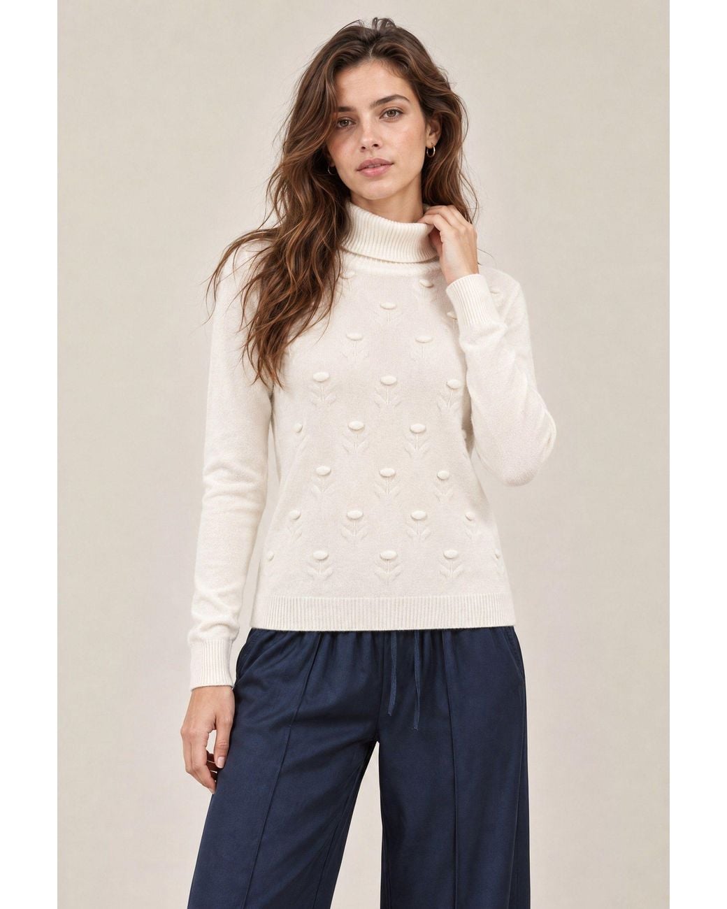 James Lakeland White Cream Floral Roll Neck Jumper