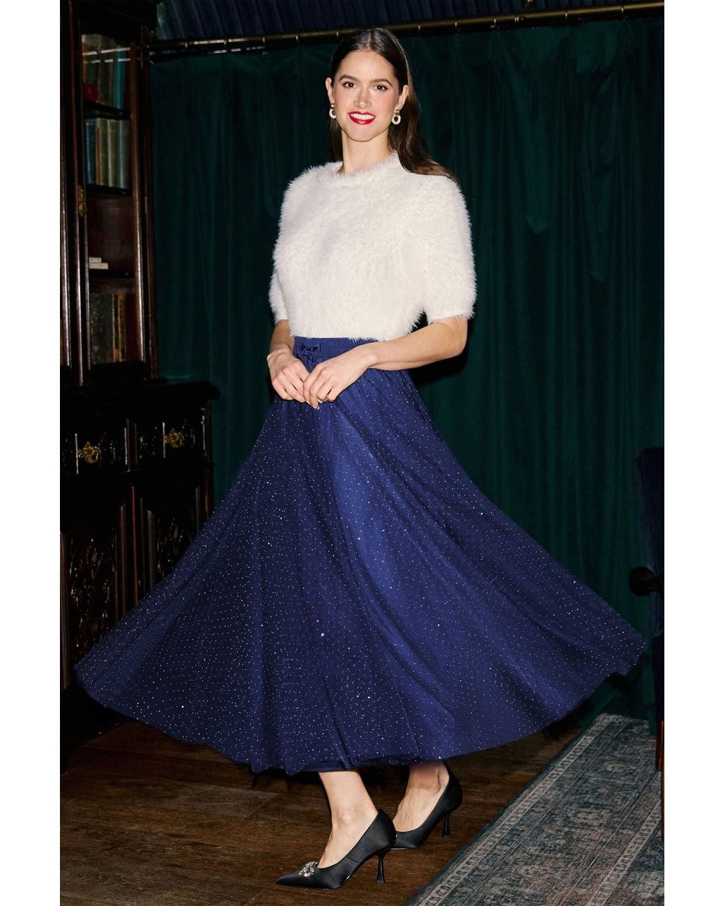 Yumi' Blue Diamonte Tulle Midi Skirt
