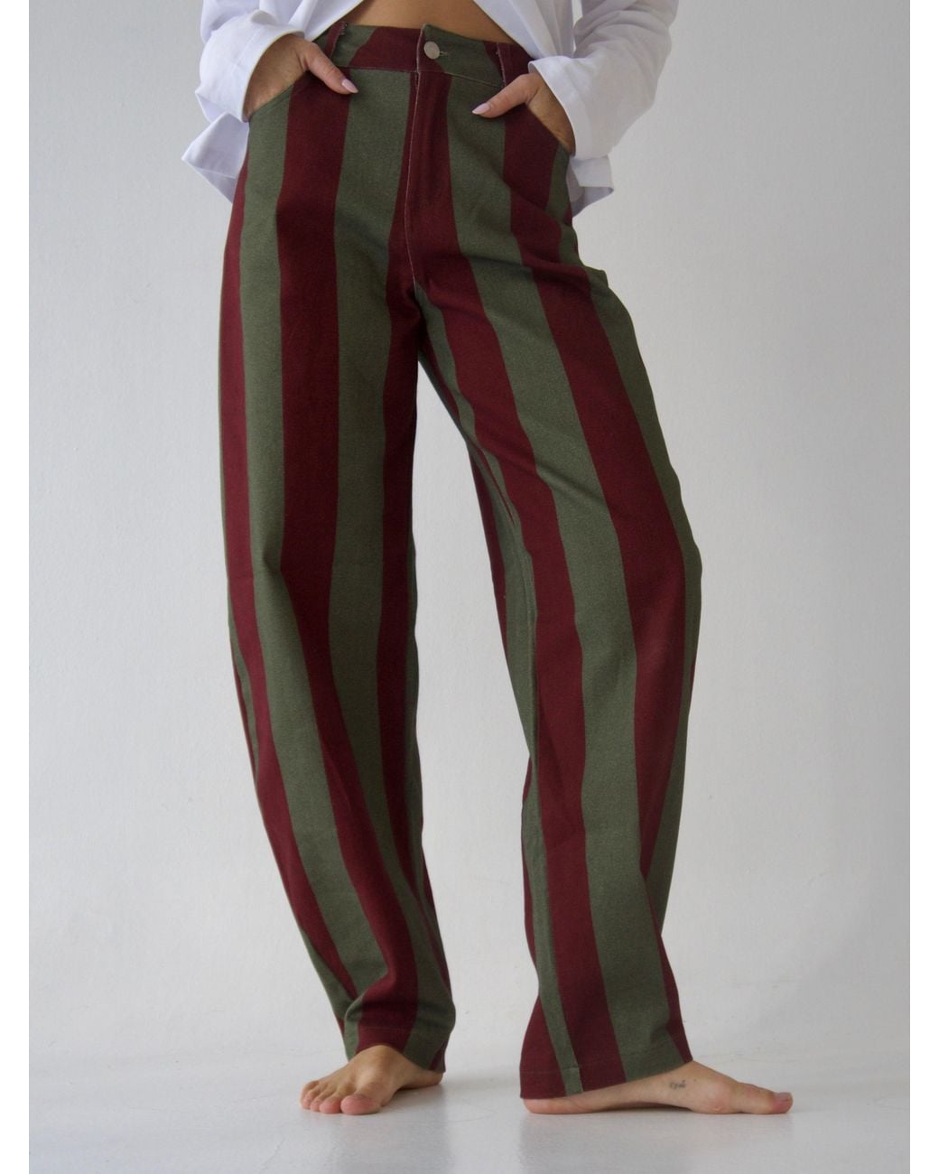 Mind Traveler Red Burgundy & Khaki Striped Clarissa Balloon Jeans