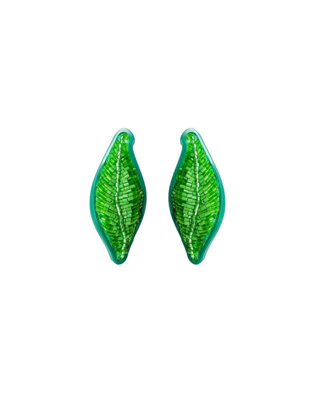 Gissa Bicalho Green Handmade Acrylic Earring Embroidered Leaf
