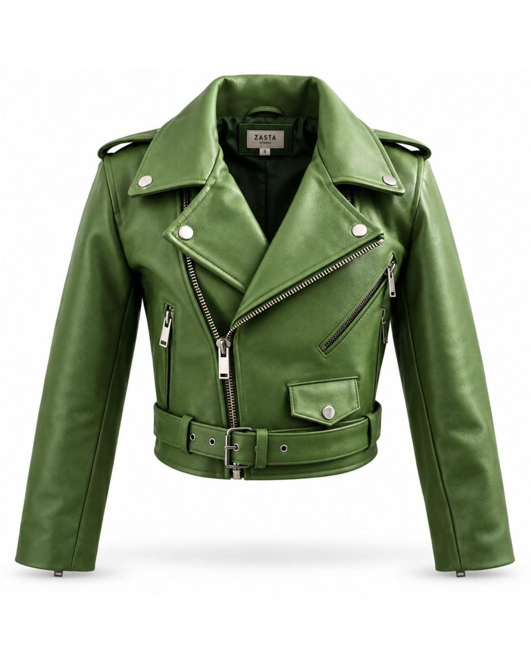 Zasta Studio Green Cropped Biker Leather Jacket