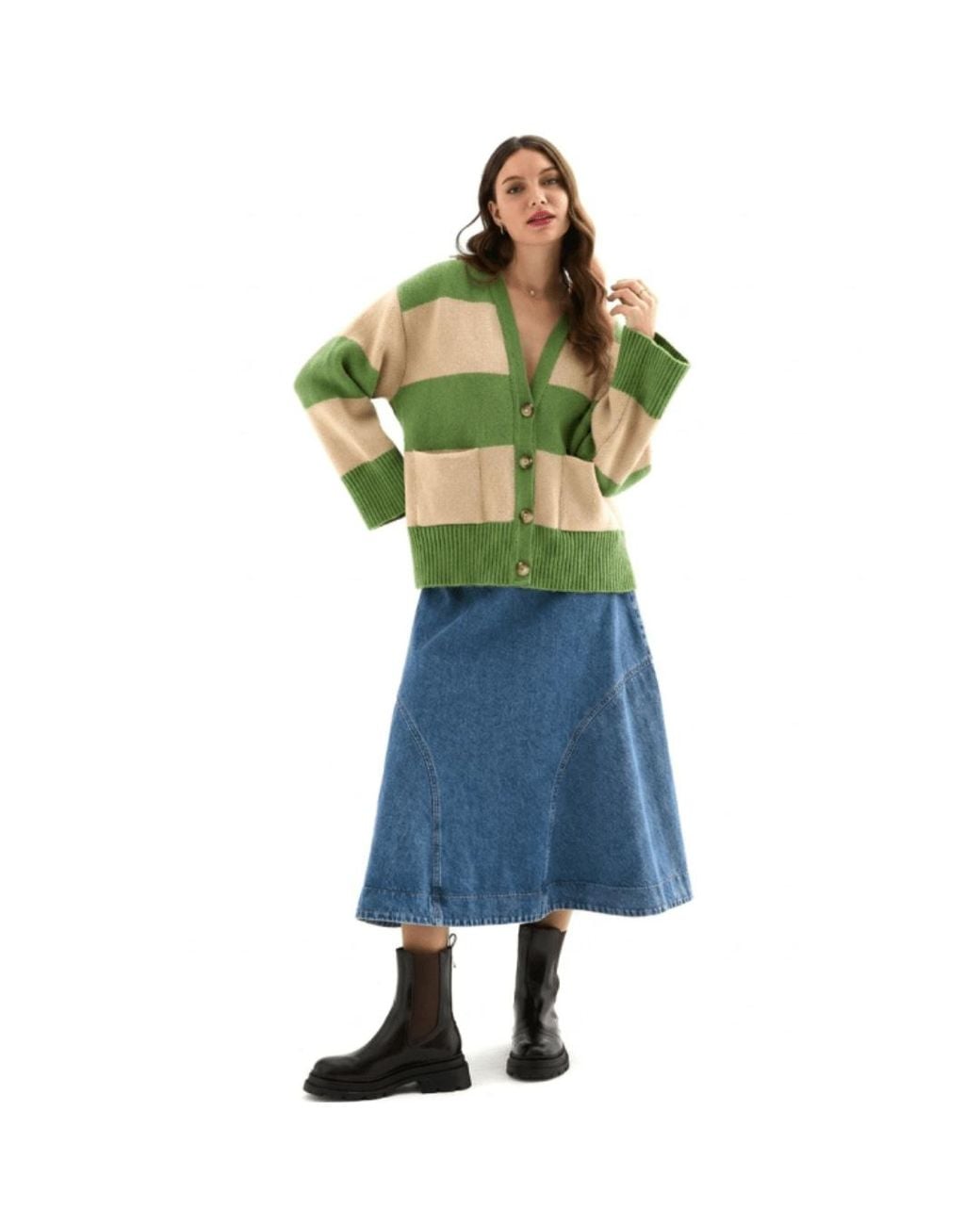 Cara & The Sky Green Candice Chunky Stripe V Neck Button Cardigan
