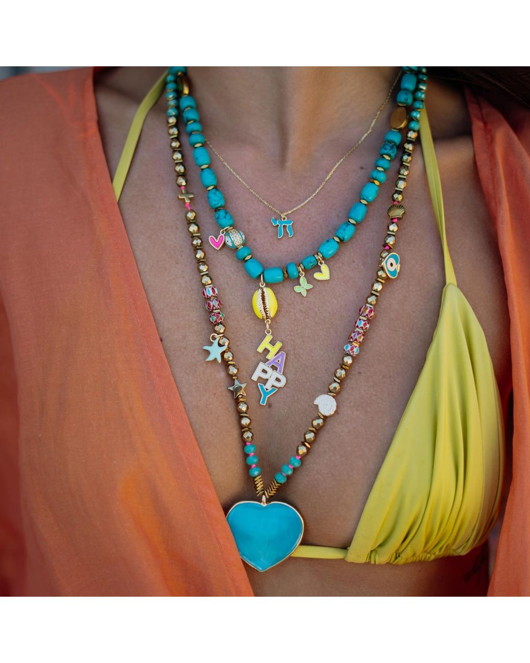 Ebru Jewelry Blue Salt & Sun Heart Beaded Summer Necklace