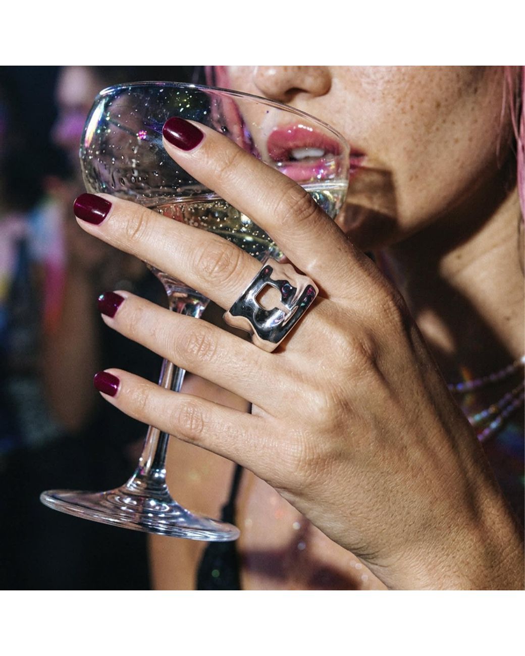 Mercela Metallic Sculptural Wine Glass Statement Ring – Plated Cocktail Inspired Jewellery