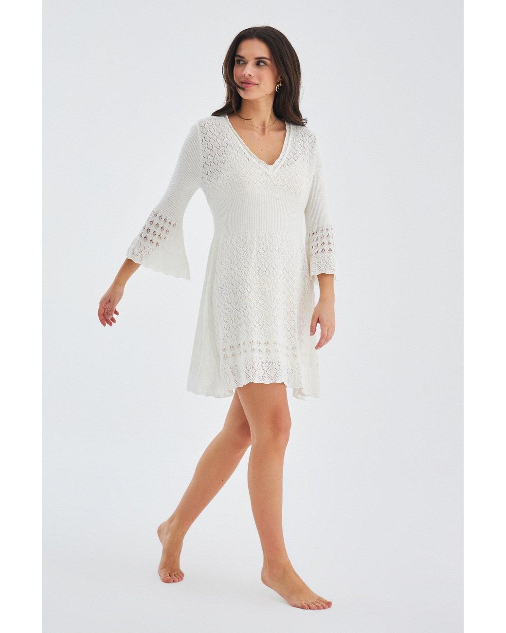 Peraluna White Yoho Openwork V-Neck Knit Mini Dress