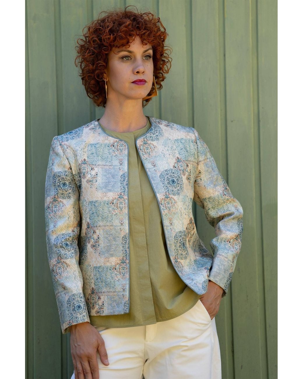Stovaria Blue Ivory Silk-Cotton Jacquard Statement Jacket