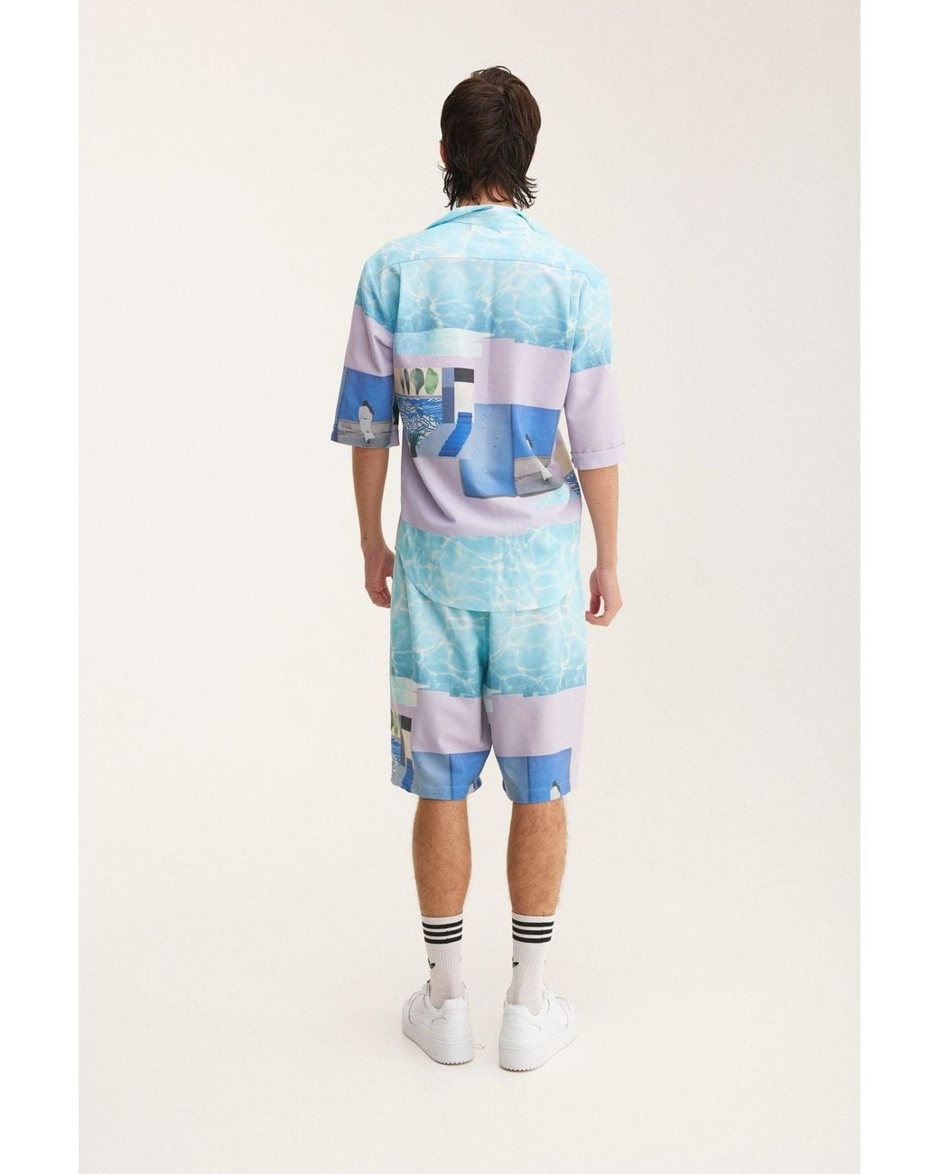 mysimplicated Blue Short Sleeve Shirt And Bermuda Set With Water Design for men