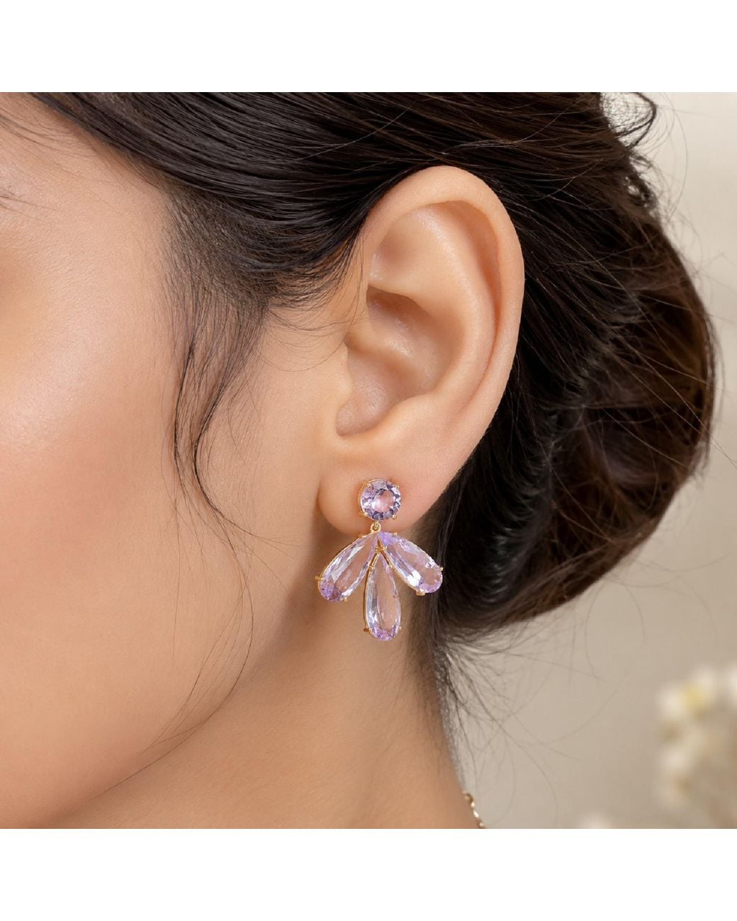 Artisan Pink 18k Yellow Gold Amethyst Diamond Designer Dangle Earrings