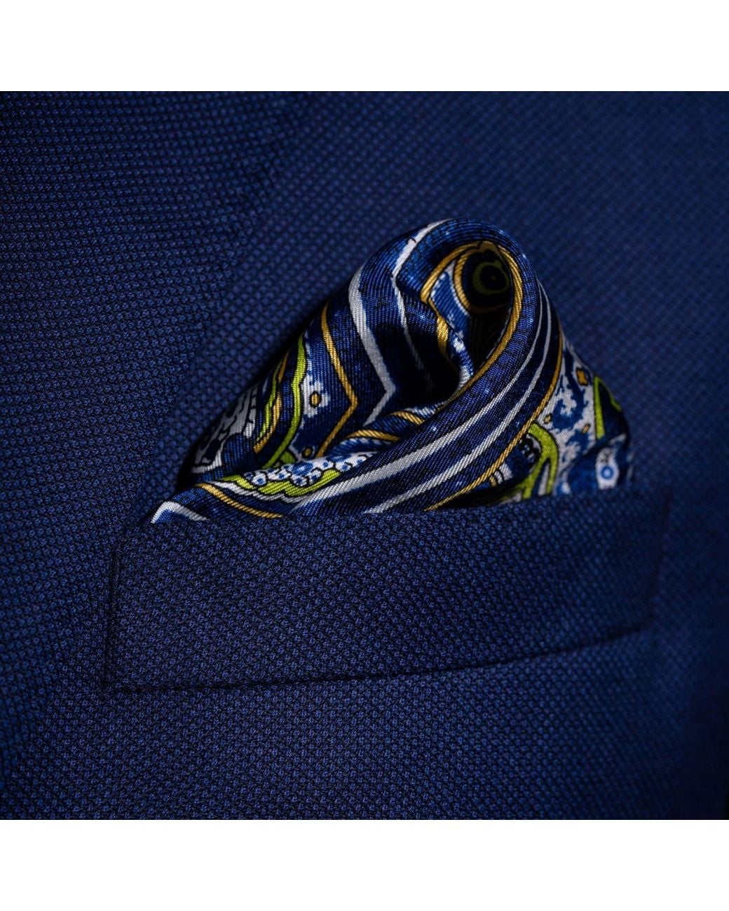 Otway & Orford Blue 'Labyrinth' Paisley Silk Pocket Square for men