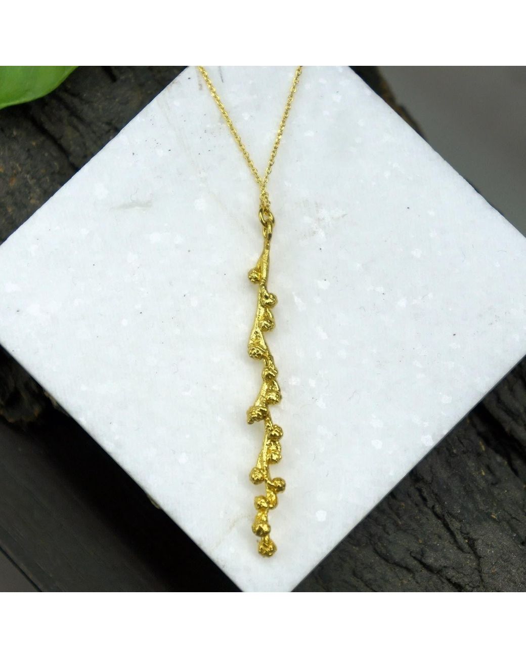 Mother Nature Jewelry Metallic Mimosa Long Necklace, Handmade Nature Pendant