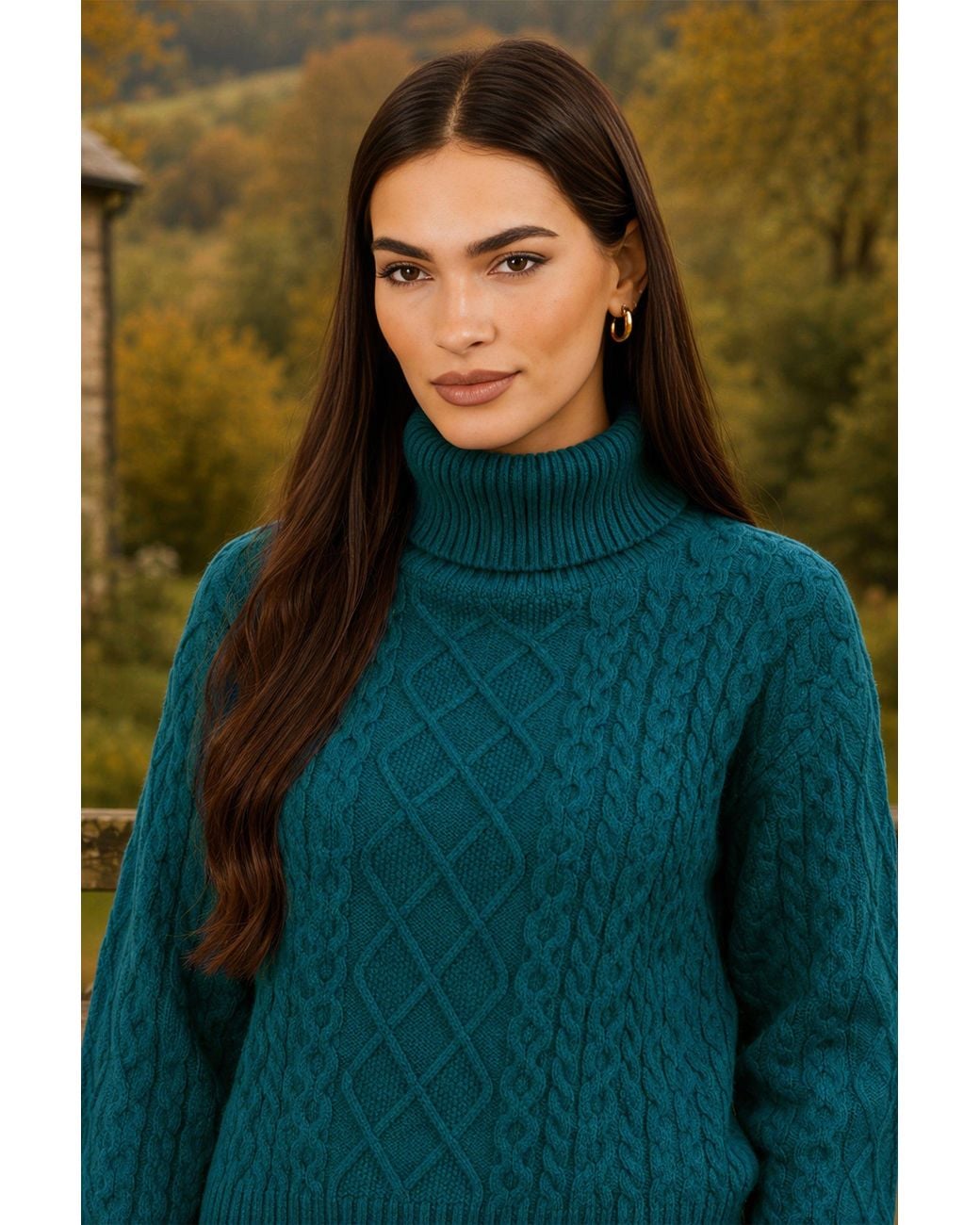 Yumi' Green Cable Knit Roll Neck Jumper