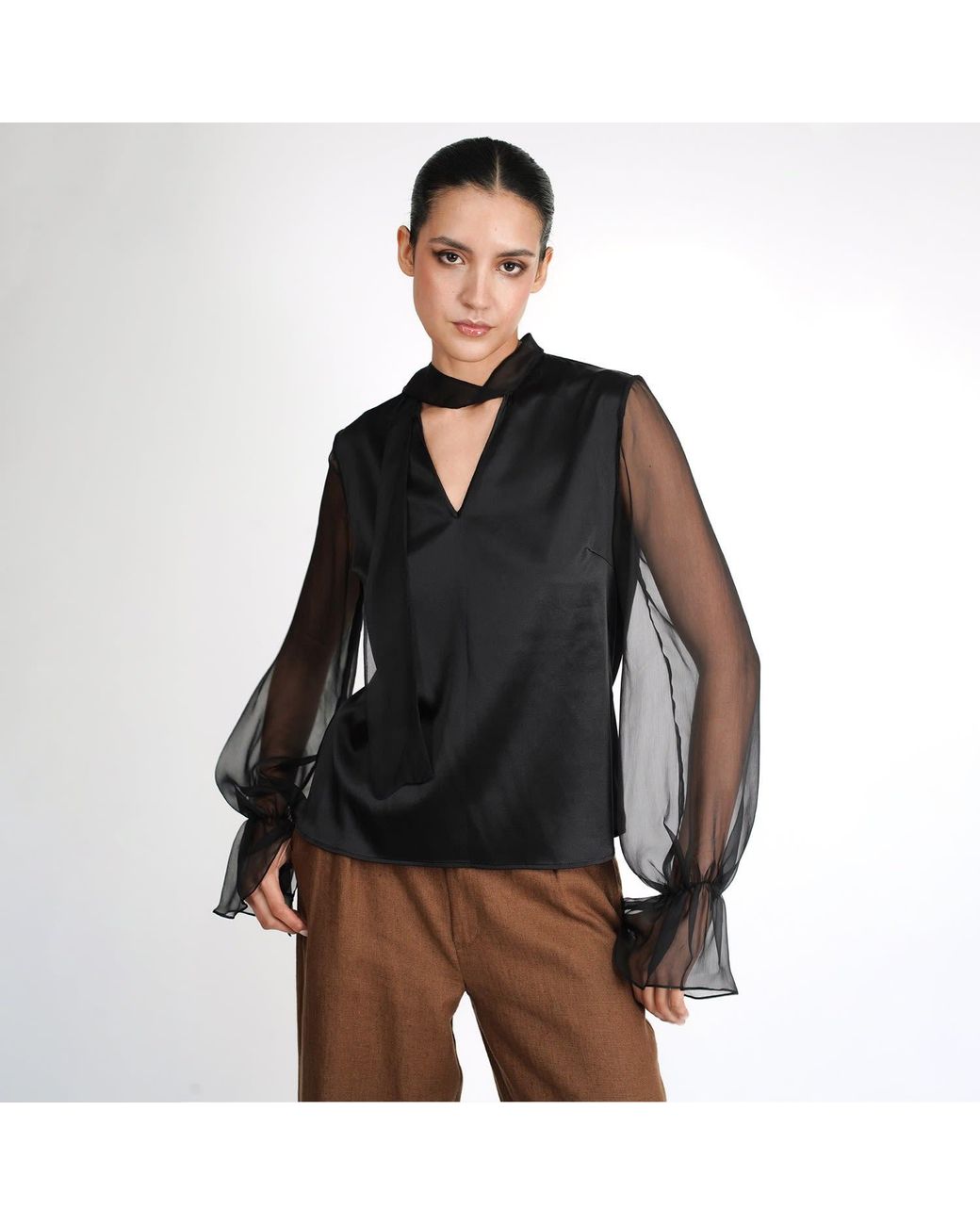 Gunda Hafner Ltd Black Silk Blouse With Sheer Sleeves