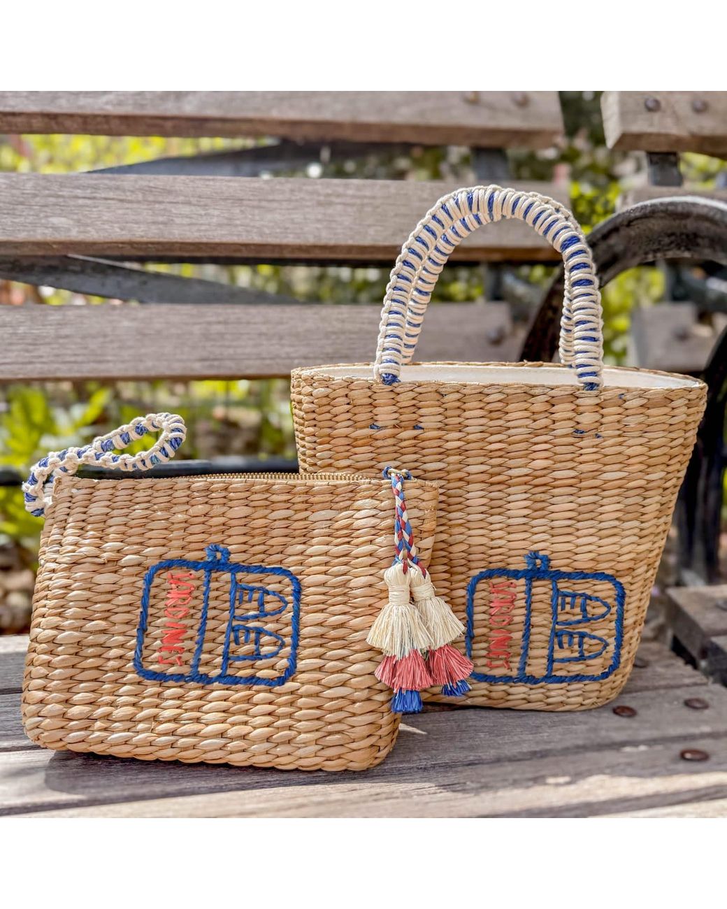 LIKHÂ Blue Neutrals Handwoven Seagrass Sardine Can Tote Bag With Tassels