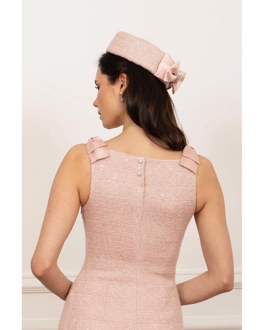 Santinni Pink 'Amour' Woollen Tweed Pillbox Hat With Silk Bow Rosa