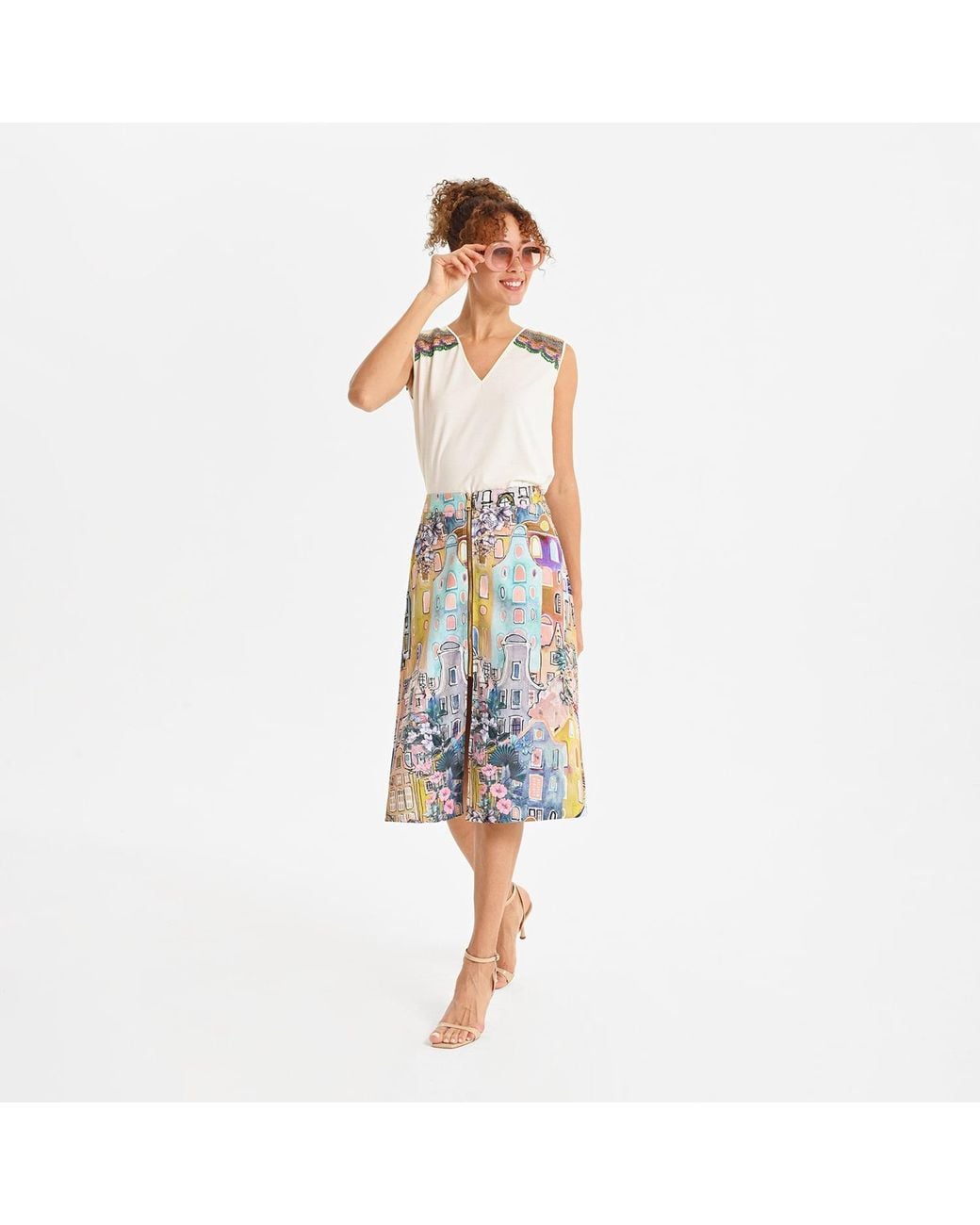 Lalipop Design Blue Urban Sketch Print Tiered Midi Skirt