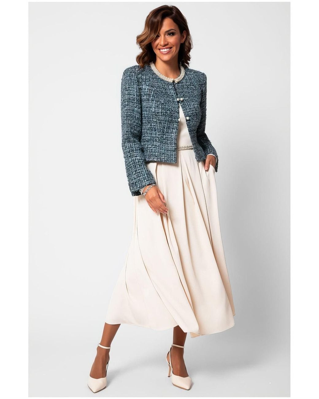 Luna Fashion House Blue Tweed Blazer With Pearl Trim, Rhea