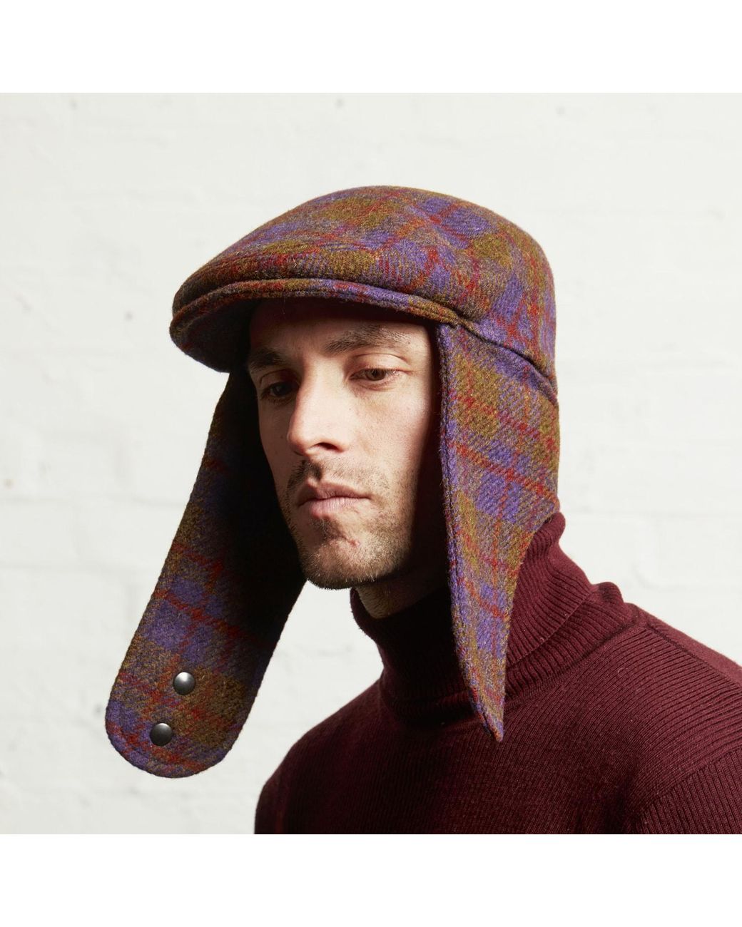 Dasmarca Hats Red Logan Grape Tweed Wool Checks Italian Cap With Earflaps Trapper for men