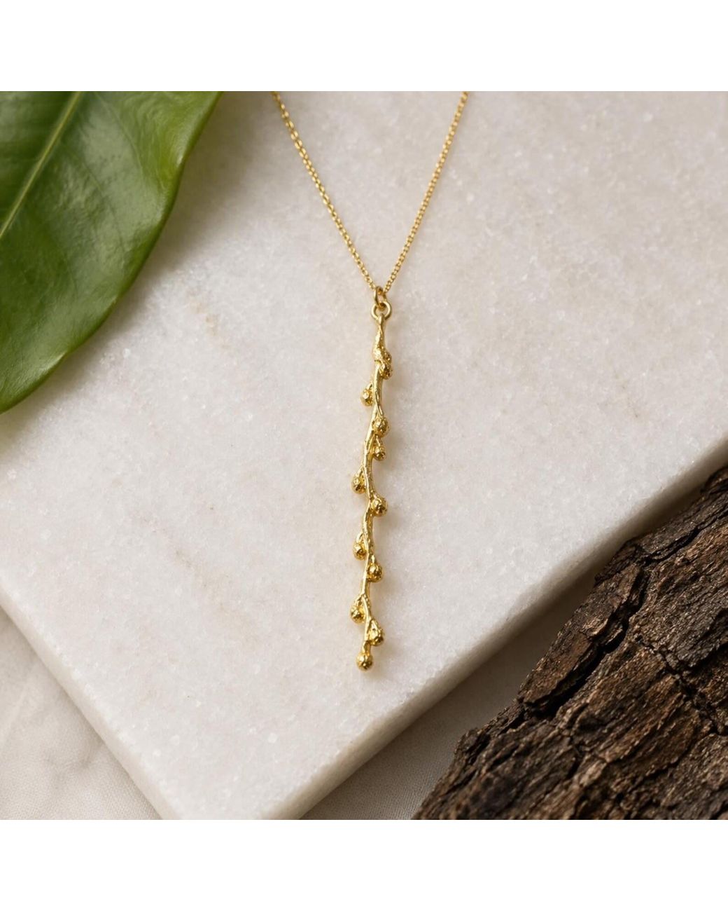 Mother Nature Jewelry Metallic Mimosa Long Necklace, Handmade Nature Pendant
