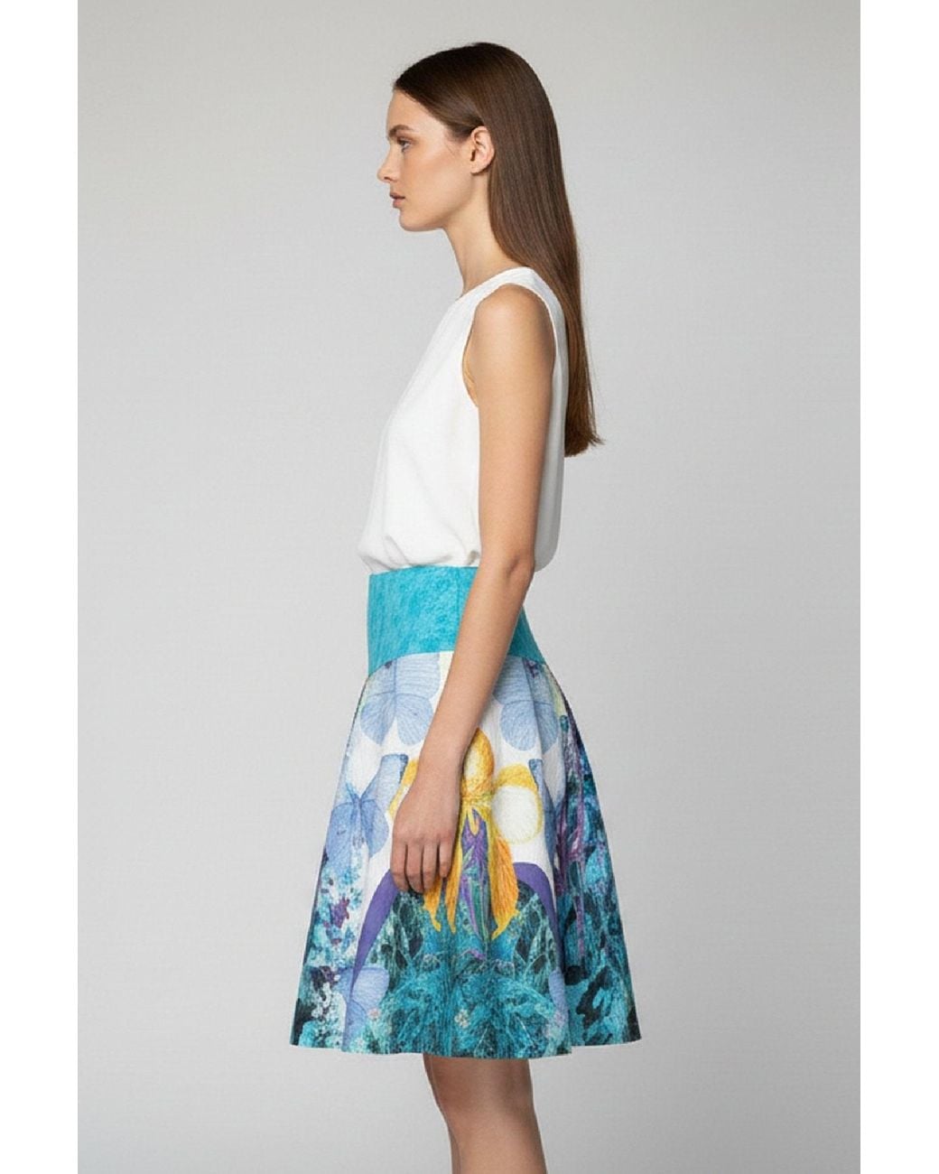 Conquista Blue Floral & Butterfly Print A-Line Skirt With Waistband