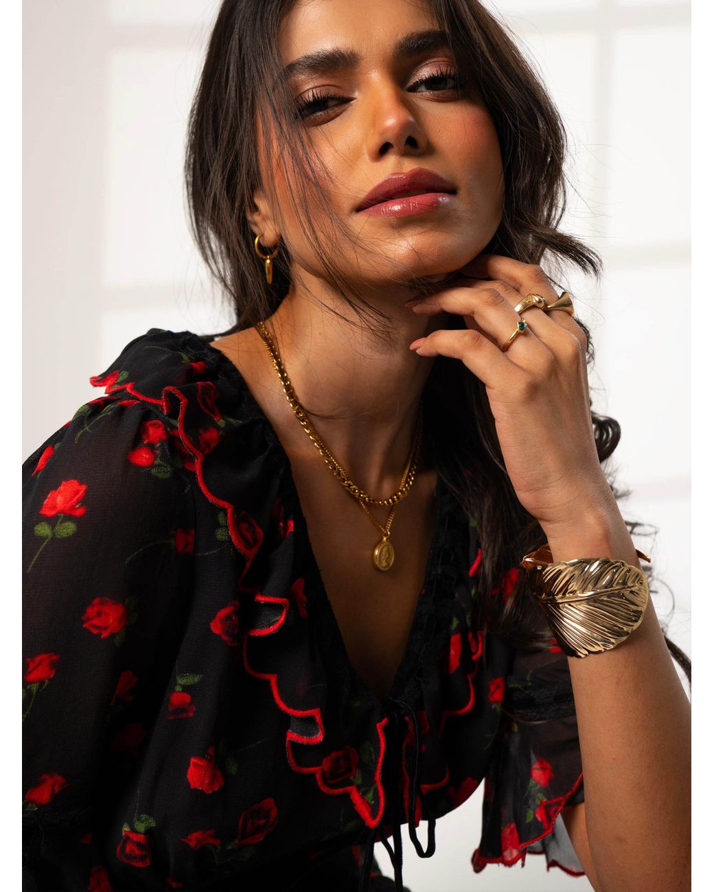 Rose & Nancy Red Toni Rose Print Velvet Tie Maxi Dress