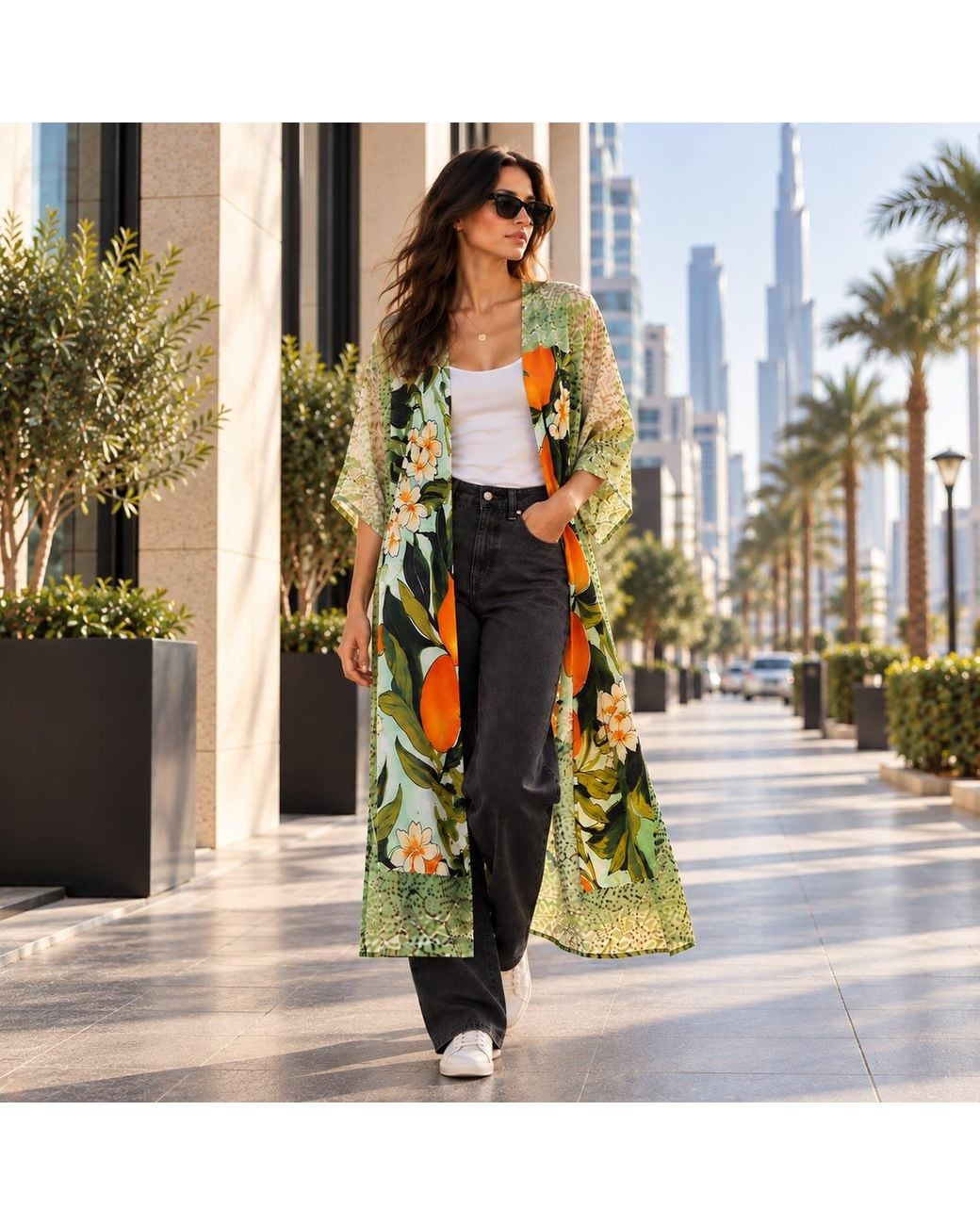 DHARA SHETH DUBAI Green Fleur & Fruit Vintage Long Kimono