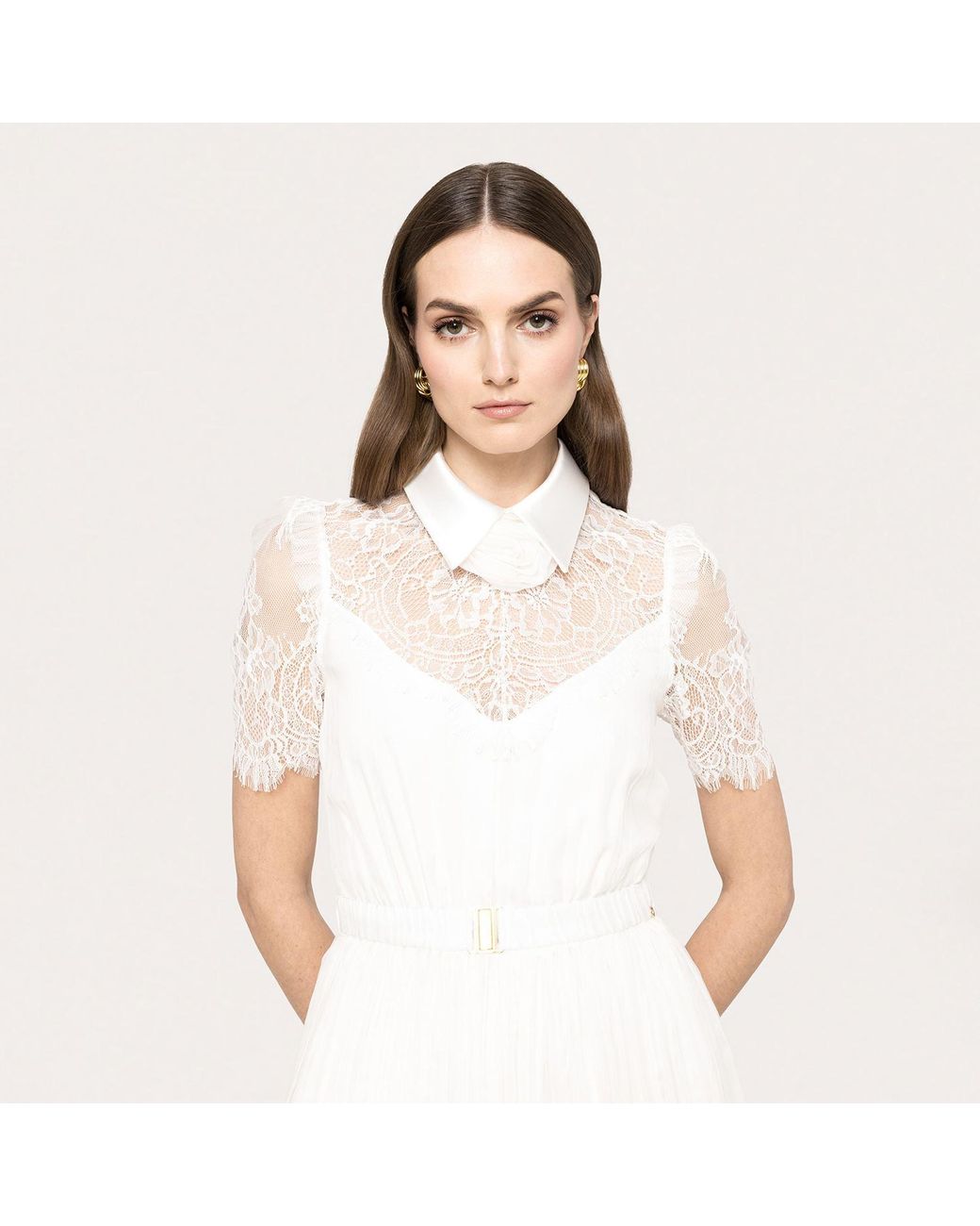 Nissa White Lace-Detail Silk Midi Dress